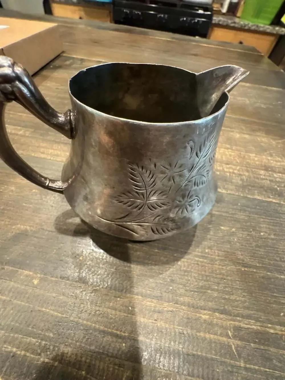 Antique Silver Plated Creamer Pitcher with Etched Floral Design and Ornate Handl